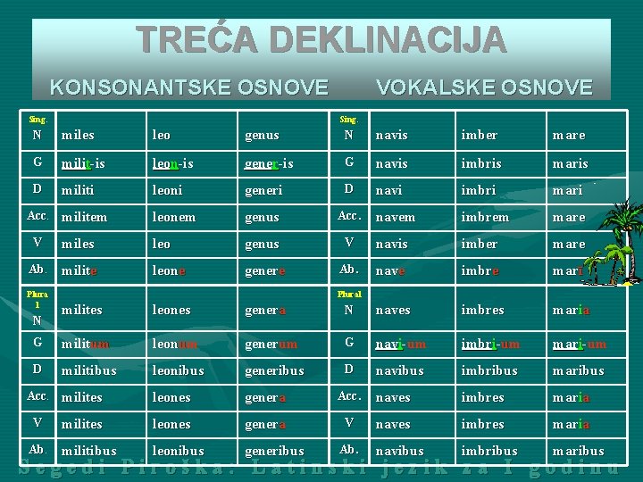 TREĆA DEKLINACIJA KONSONANTSKE OSNOVE Sing. VOKALSKE OSNOVE Sing. N miles leo genus N navis