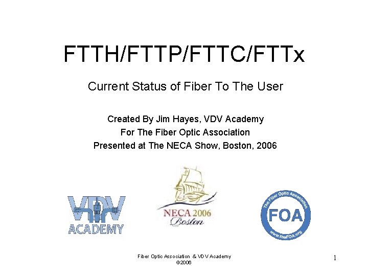 FTTH/FTTP/FTTC/FTTx Current Status of Fiber To The User Created By Jim Hayes, VDV Academy