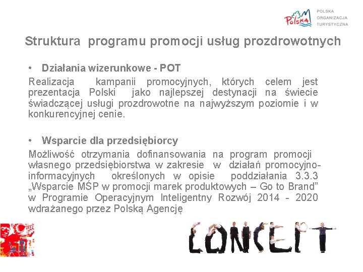 Struktura programu promocji usług prozdrowotnych • Działania wizerunkowe - POT Realizacja kampanii promocyjnych, których