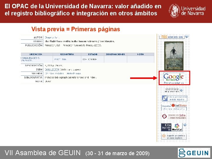 El OPAC de la Universidad de Navarra: valor añadido en el registro bibliográfico e El OPAC de la Universidad de Navarra: valor añadido en el registro bibliográfico e