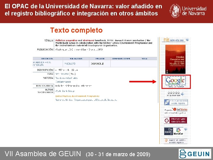 El OPAC de la Universidad de Navarra: valor añadido en el registro bibliográfico e El OPAC de la Universidad de Navarra: valor añadido en el registro bibliográfico e