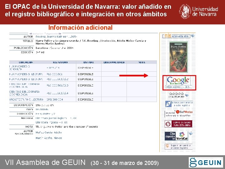El OPAC de la Universidad de Navarra: valor añadido en el registro bibliográfico e El OPAC de la Universidad de Navarra: valor añadido en el registro bibliográfico e