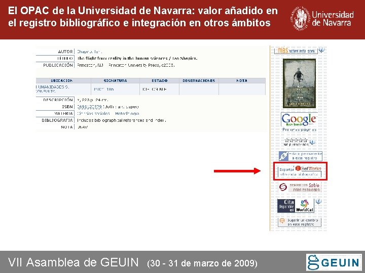 El OPAC de la Universidad de Navarra: valor añadido en el registro bibliográfico e El OPAC de la Universidad de Navarra: valor añadido en el registro bibliográfico e