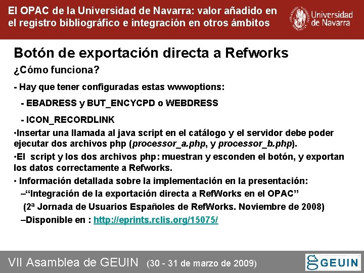 El OPAC de la Universidad de Navarra: valor añadido en el registro bibliográfico e El OPAC de la Universidad de Navarra: valor añadido en el registro bibliográfico e