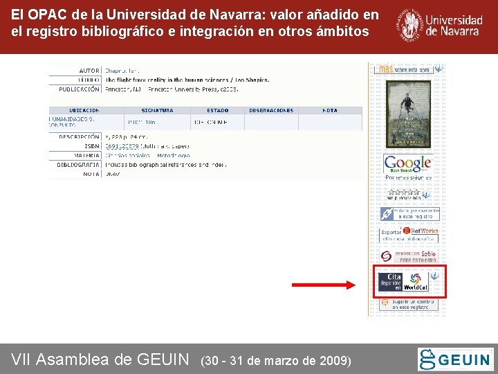 El OPAC de la Universidad de Navarra: valor añadido en el registro bibliográfico e El OPAC de la Universidad de Navarra: valor añadido en el registro bibliográfico e