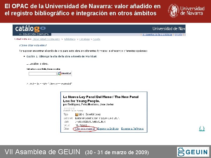 El OPAC de la Universidad de Navarra: valor añadido en el registro bibliográfico e El OPAC de la Universidad de Navarra: valor añadido en el registro bibliográfico e