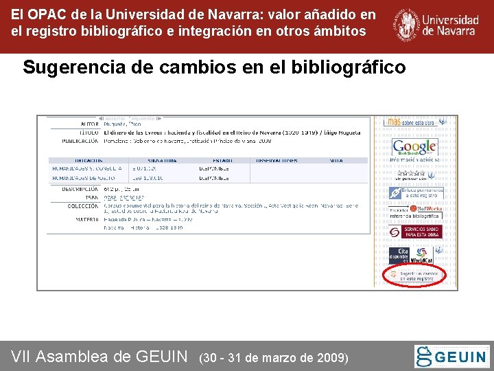 El OPAC de la Universidad de Navarra: valor añadido en el registro bibliográfico e El OPAC de la Universidad de Navarra: valor añadido en el registro bibliográfico e