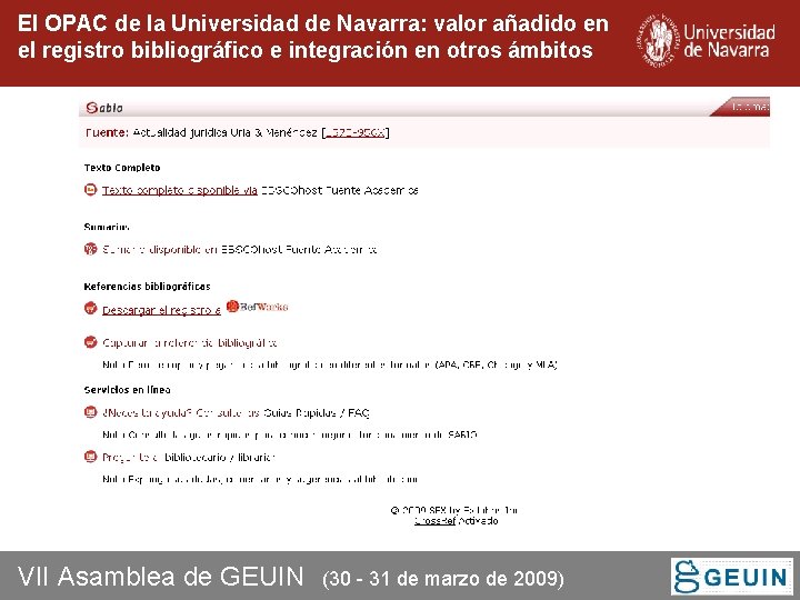 El OPAC de la Universidad de Navarra: valor añadido en el registro bibliográfico e El OPAC de la Universidad de Navarra: valor añadido en el registro bibliográfico e