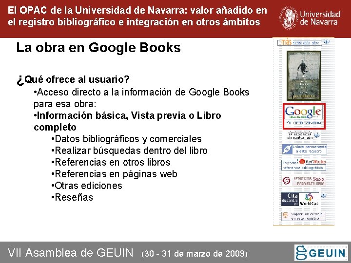 El OPAC de la Universidad de Navarra: valor añadido en el registro bibliográfico e El OPAC de la Universidad de Navarra: valor añadido en el registro bibliográfico e