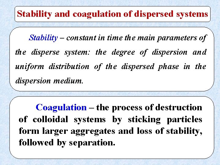 Stability and coagulation of dispersed systems Stability – constant in time the main parameters