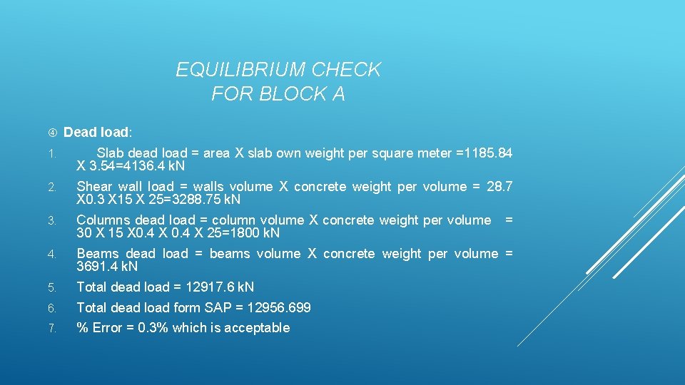 EQUILIBRIUM CHECK FOR BLOCK A Dead load: 1. Slab dead load = area X