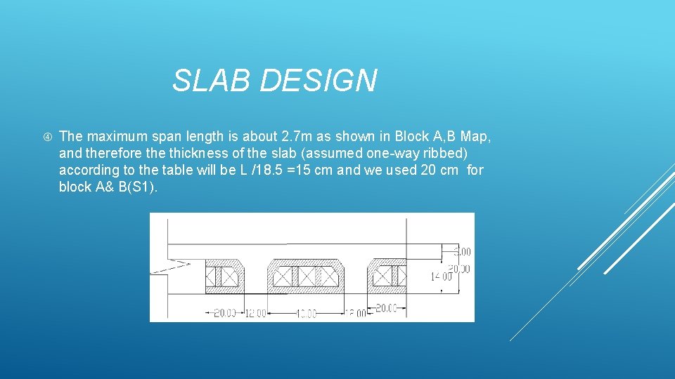 SLAB DESIGN The maximum span length is about 2. 7 m as shown in