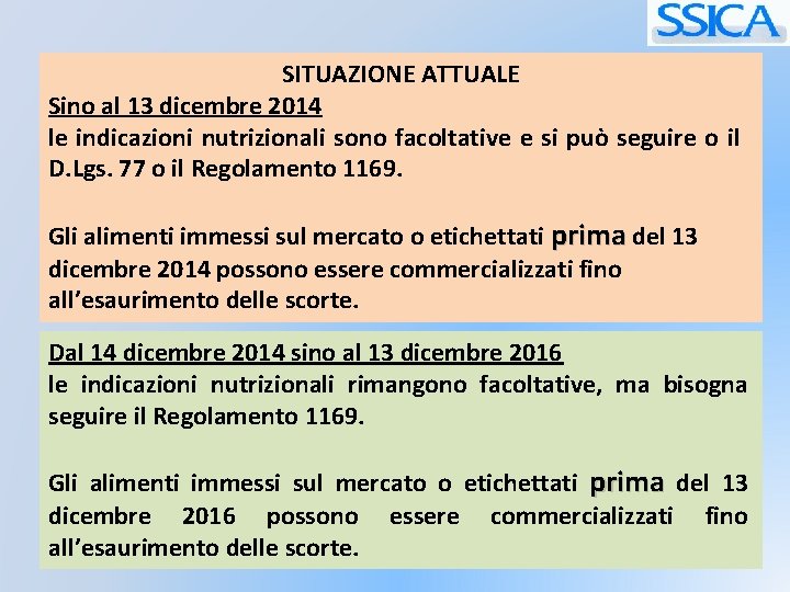 SITUAZIONE ATTUALE Sino al 13 dicembre 2014 le indicazioni nutrizionali sono facoltative e si