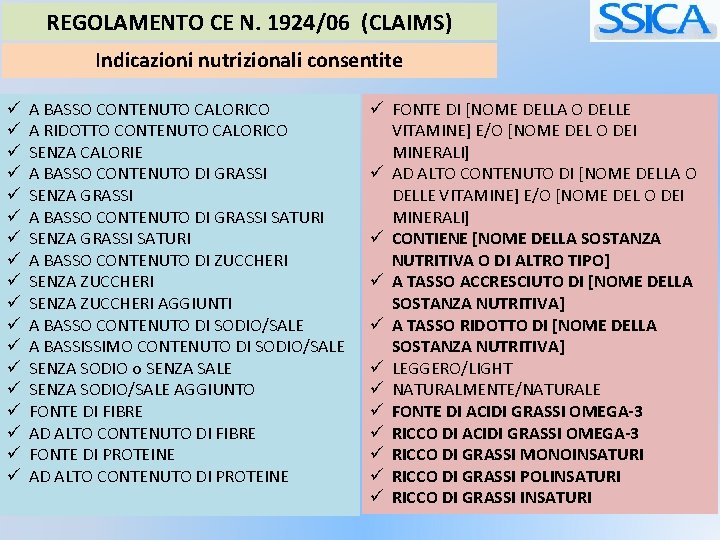 REGOLAMENTO CE N. 1924/06 (CLAIMS) Indicazioni nutrizionali consentite ü ü ü ü ü A