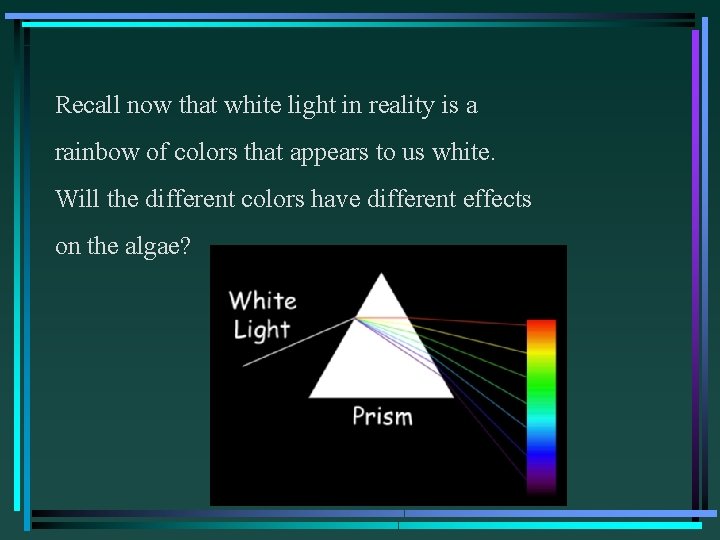 Recall now that white light in reality is a rainbow of colors that appears