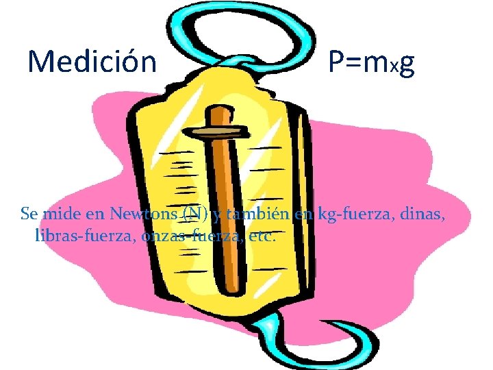 Medición P=mxg Se mide en Newtons (N) y también en kg-fuerza, dinas, libras-fuerza, onzas-fuerza,