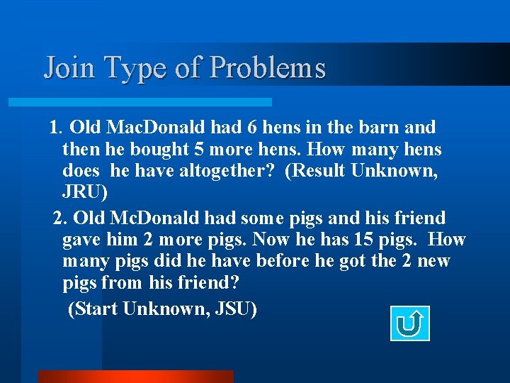 Join Type of Problems 1. Old Mac. Donald had 6 hens in the barn