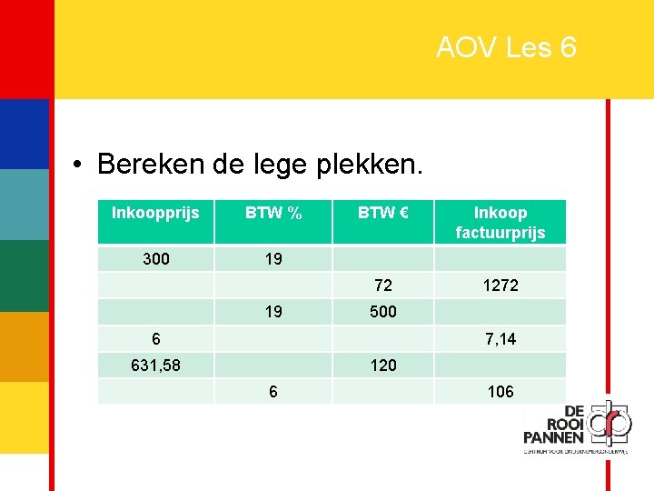 18 AOV Les 6 • Bereken de lege plekken. Inkoopprijs BTW % 300 19