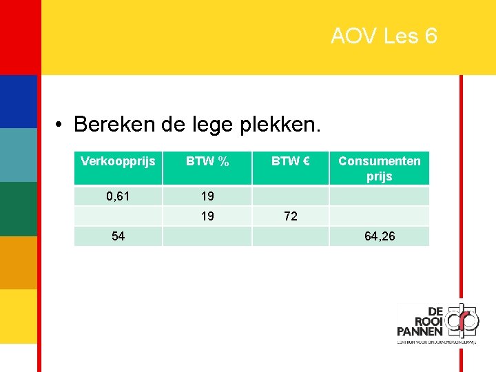 30 AOV Les 6 • Bereken de lege plekken. Verkoopprijs BTW % 0, 61