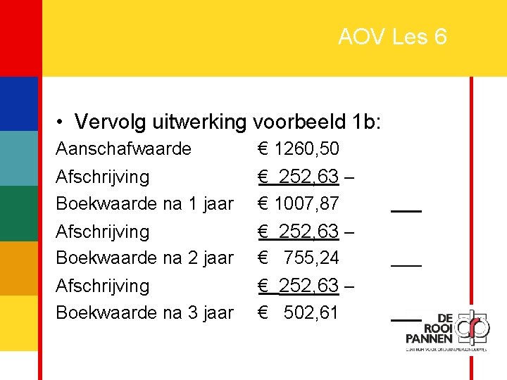 6 AOV Les 6 • Vervolg uitwerking voorbeeld 1 b: Aanschafwaarde € 1260, 50