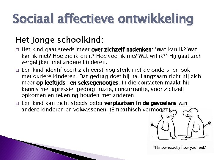 Sociaal affectieve ontwikkeling Het jonge schoolkind: � � � Het kind gaat steeds meer