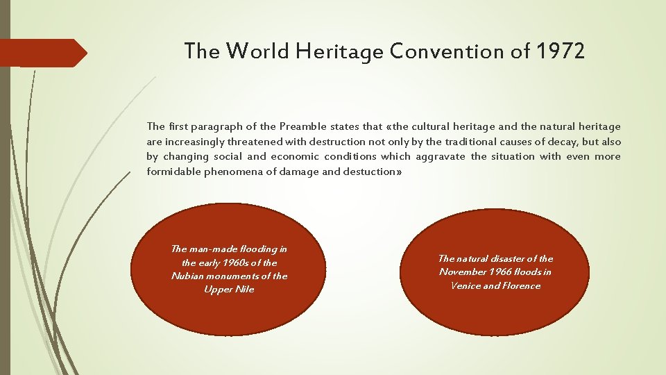 The World Heritage Convention of 1972 The first paragraph of the Preamble states that The World Heritage Convention of 1972 The first paragraph of the Preamble states that