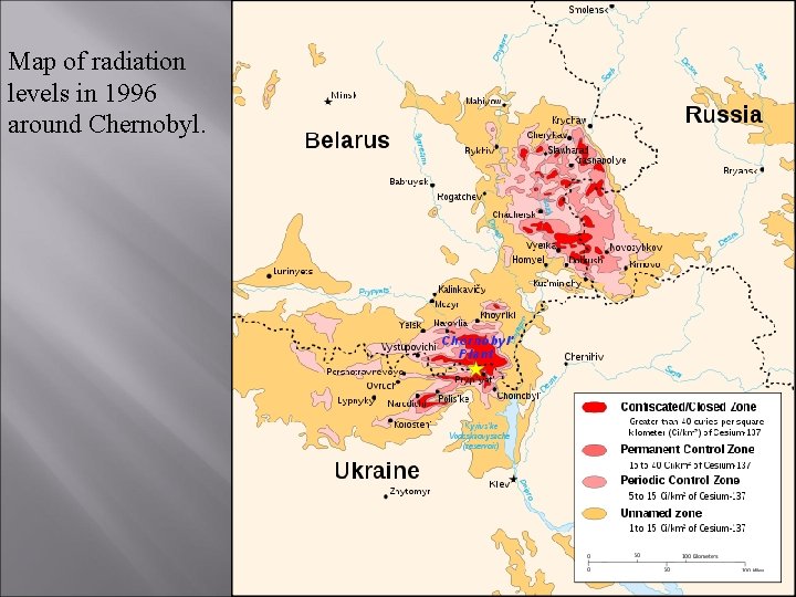 Map of radiation levels in 1996 around Chernobyl. 