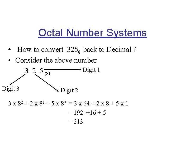 Octal Number Systems • How to convert 3258 back to Decimal ? • Consider