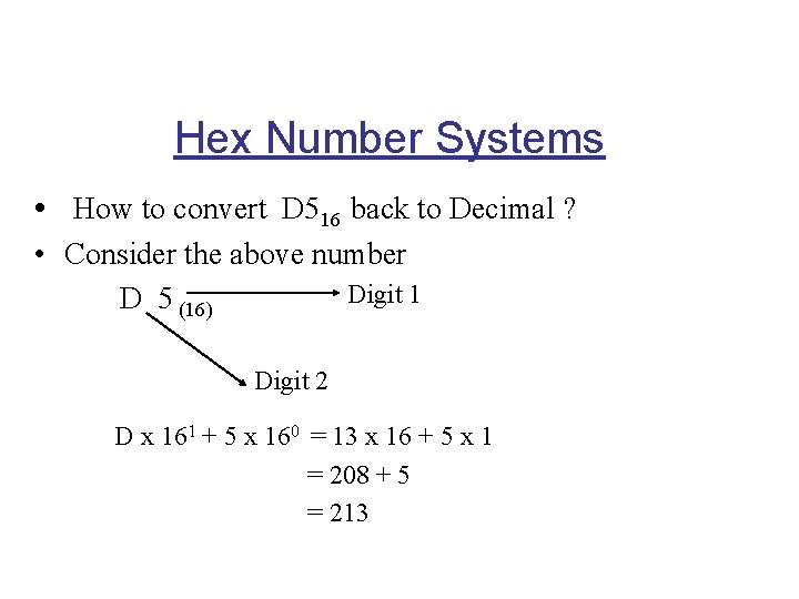 Hex Number Systems • How to convert D 516 back to Decimal ? •