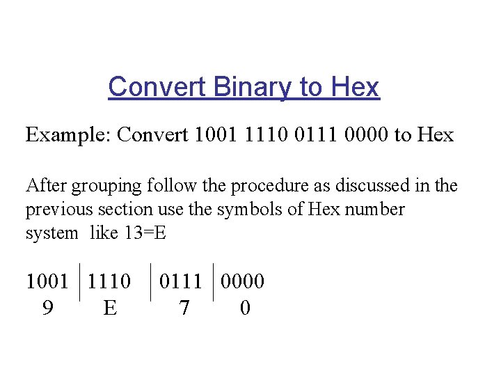 Convert Binary to Hex Example: Convert 1001 1110 0111 0000 to Hex After grouping