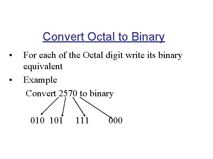 Convert Octal to Binary • • For each of the Octal digit write its