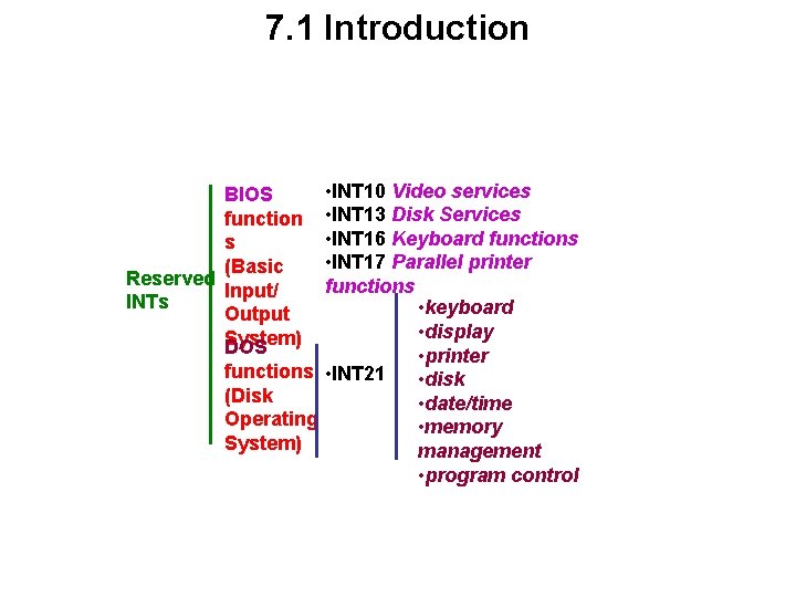 7. 1 Introduction • INT 10 Video services • INT 13 Disk Services •