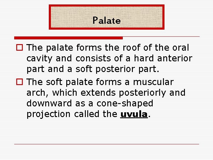 Palate o The palate forms the roof of the oral cavity and consists of