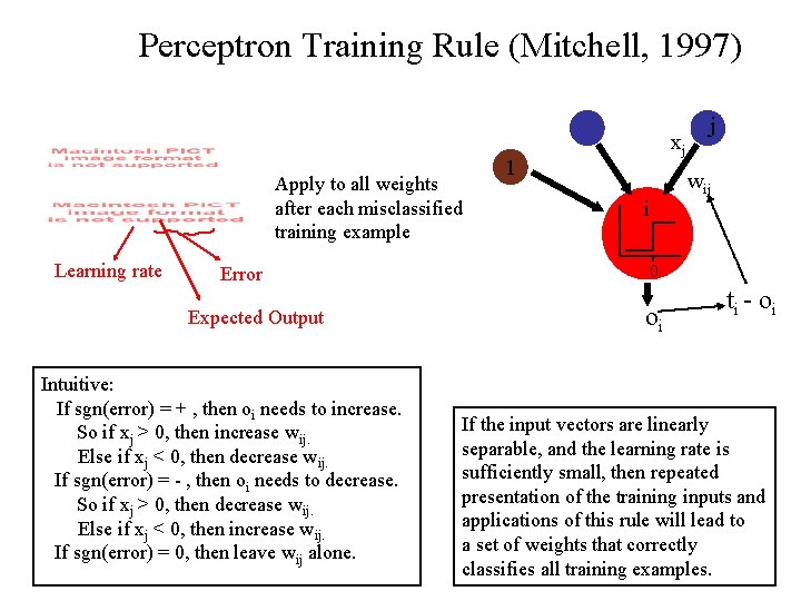 Perceptron Training Rule (Mitchell, 1997) Apply to all weights after each misclassified training example