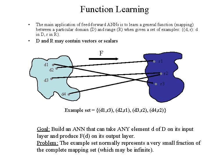 Function Learning • The main application of feed-forward ANNs is to learn a general