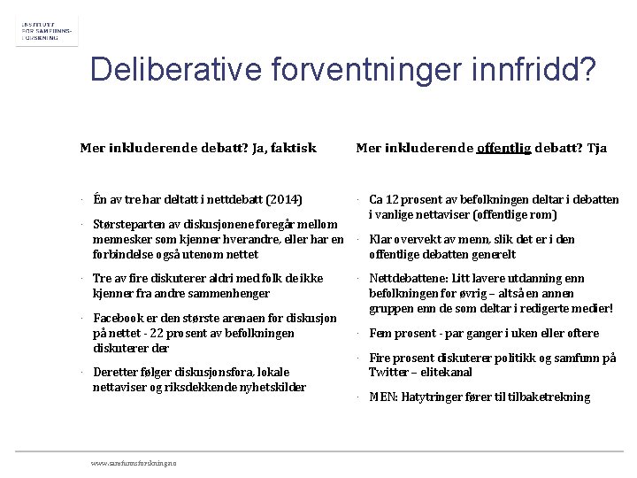 Deliberative forventninger innfridd? Mer inkluderende debatt? Ja, faktisk Mer inkluderende offentlig debatt? Tja ·