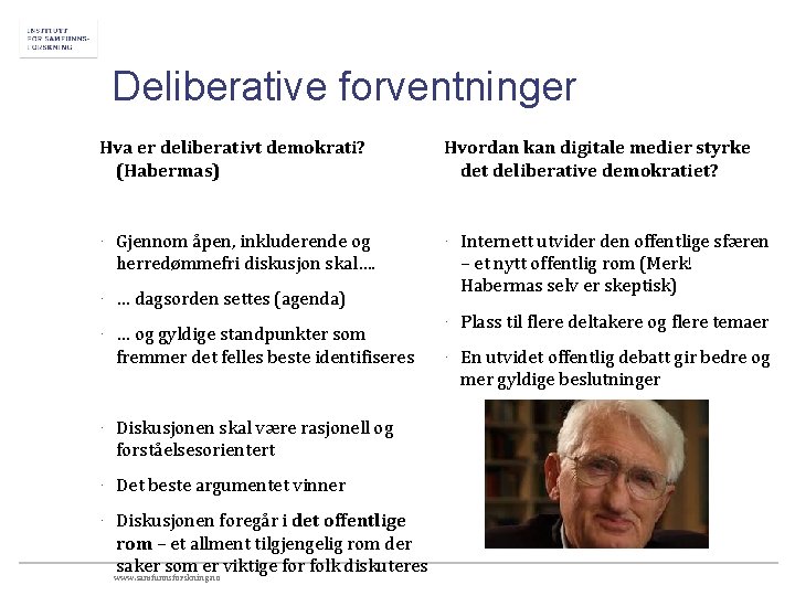 Deliberative forventninger Hva er deliberativt demokrati? (Habermas) Hvordan kan digitale medier styrke det deliberative