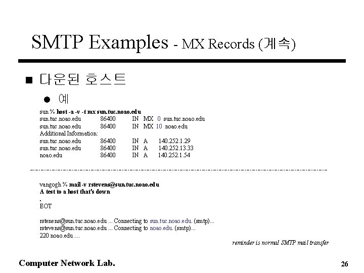 SMTP Examples - MX Records (계속) n 다운된 호스트 l 예 sun % host