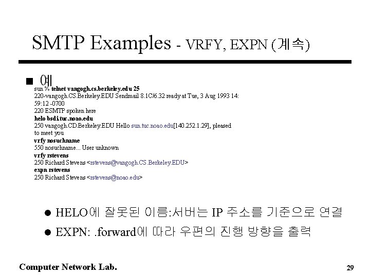 SMTP Examples - VRFY, EXPN (계속) n sun예 % telnet vangogh. cs. berkeley. edu