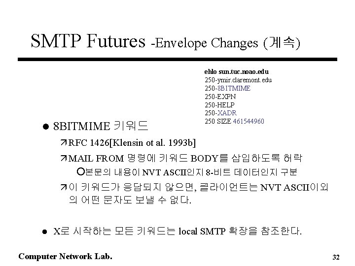 SMTP Futures -Envelope Changes (계속) l 8 BITMIME 키워드 ehlo sun. tuc. noao. edu