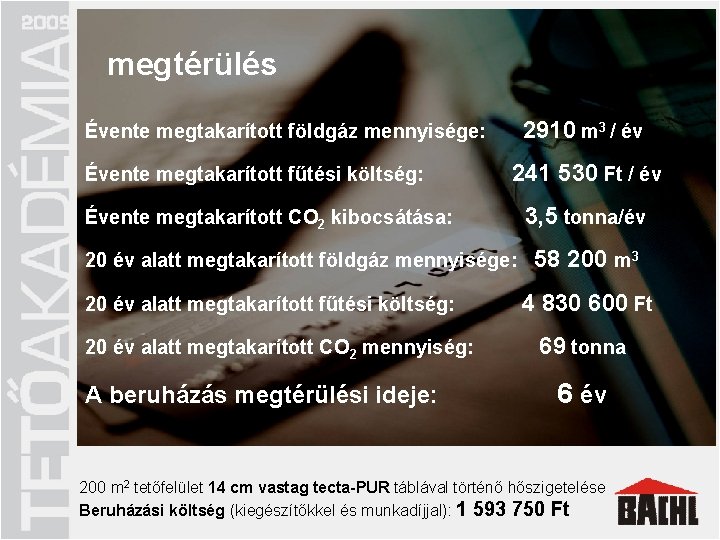 Energiatakarékos tetőszerkezet megtérülés q megfelelő hőszigetelés Hőszigetelés q tetőt körülvevő „hőburok” Évente megtakarított földgáz