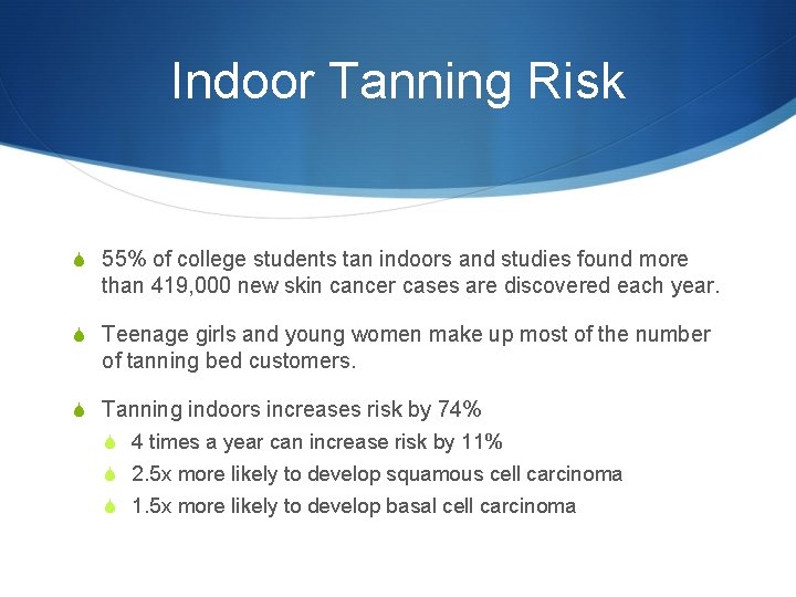 Indoor Tanning Risk S 55% of college students tan indoors and studies found more