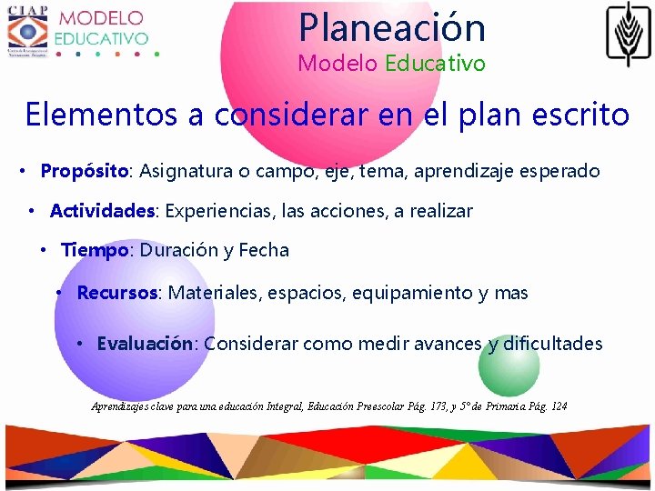 Planeación Modelo Educativo Elementos a considerar en el plan escrito • Propósito: Asignatura o