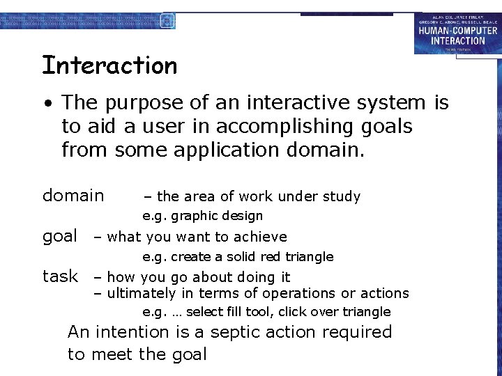 Interaction • The purpose of an interactive system is to aid a user in