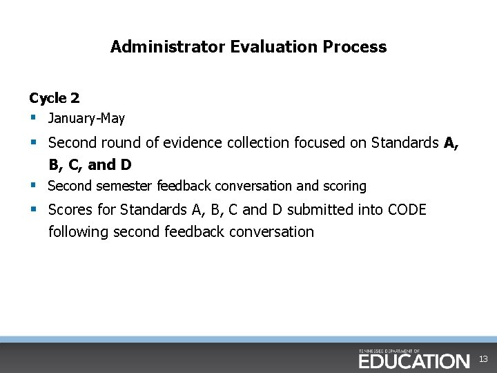 Administrator Evaluation Process Cycle 2 § January May § Second round of evidence collection Administrator Evaluation Process Cycle 2 § January May § Second round of evidence collection