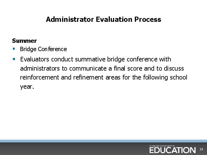 Administrator Evaluation Process Summer § Bridge Conference § Evaluators conduct summative bridge conference with Administrator Evaluation Process Summer § Bridge Conference § Evaluators conduct summative bridge conference with