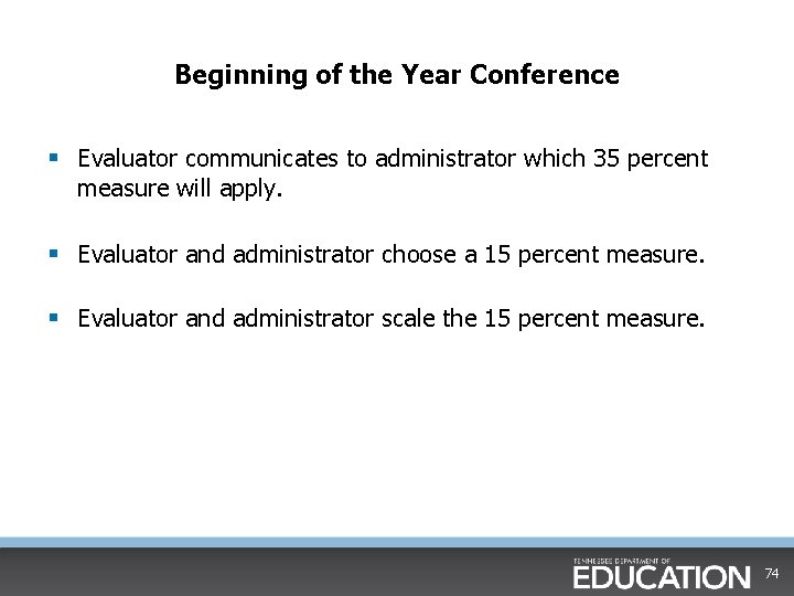 Beginning of the Year Conference § Evaluator communicates to administrator which 35 percent measure Beginning of the Year Conference § Evaluator communicates to administrator which 35 percent measure