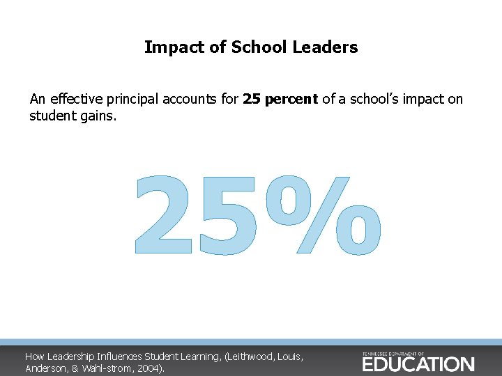 Impact of School Leaders An effective principal accounts for 25 percent of a school’s Impact of School Leaders An effective principal accounts for 25 percent of a school’s
