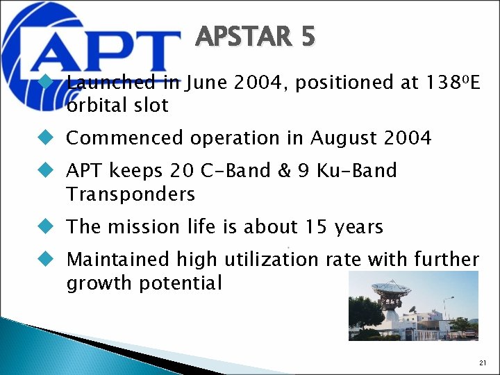 APSTAR 5 u Launched in June 2004, positioned at 138⁰E orbital slot u Commenced