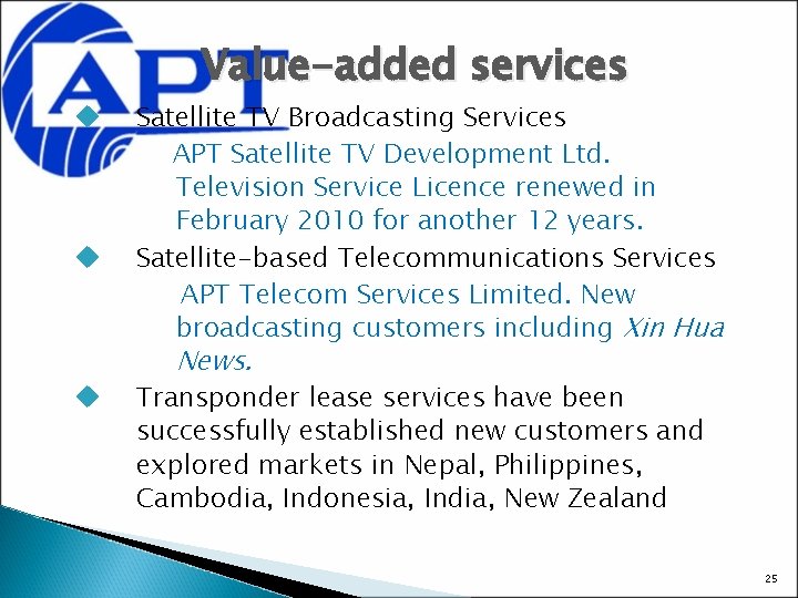 Value-added services u u u Satellite TV Broadcasting Services APT Satellite TV Development Ltd.